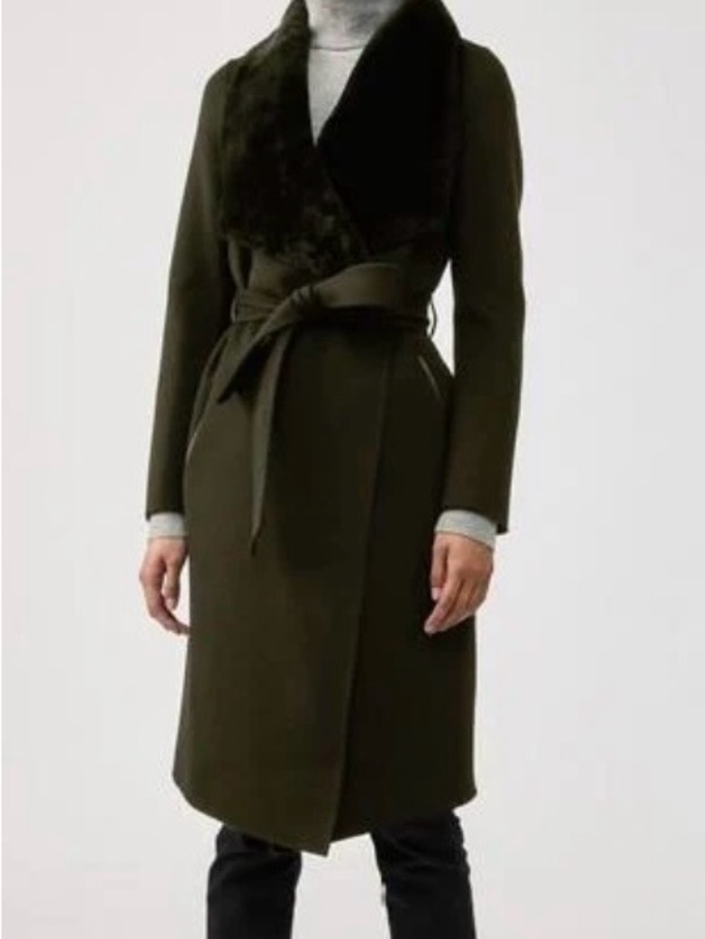 Mackage Sybil Army Green Wool Coat Sheepskin Collar L/G Like New